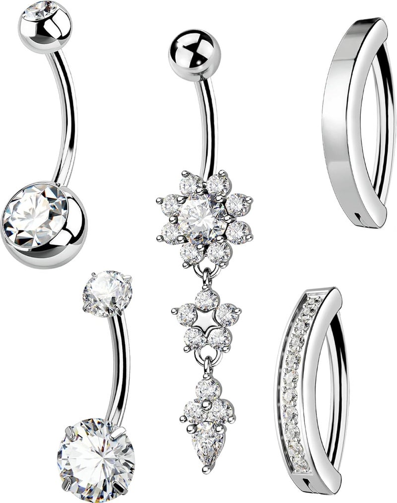 MS CUTE 5PCS Belly Button Rings for Women 14G Dangle Navel Piercing Jewelry Set Surgical Stainless Steel Body Jewelry with CZ Butterfly Flower Teardrop Barbell for Beach Festival Daily - Image 1